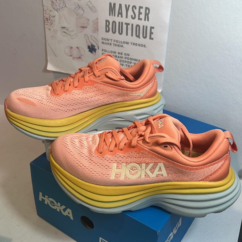 Hoka bondi 8 Shell Coral / Peach Parfait color running shoes trail outdoorsy